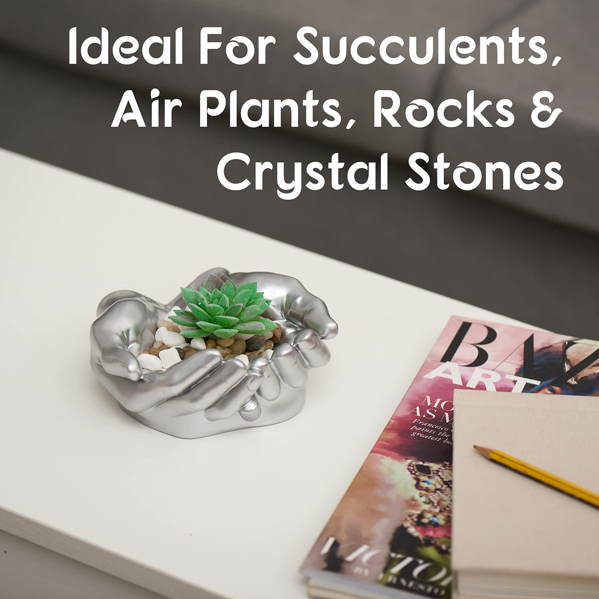Tapeera Hand Shaped Succulent Planter Pot - Crystal Holder Display - Air Plant Holder Hand Planter - Giving Hands Sculpture Decor - Key Bowl Ring Dish Trinket Dish Candy Dish - Candle Holder (Silver)