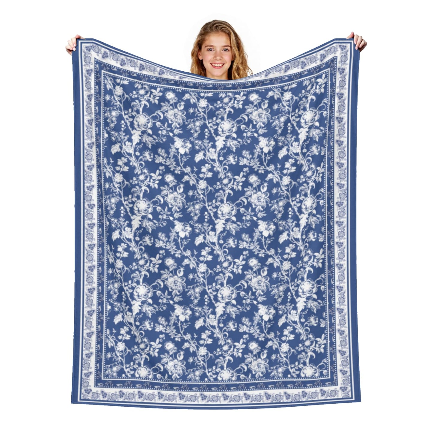 Blue White Floral Blanket for Bed, Couch, Soft Cozy Flannel Chinoiserie Throw Blanket Reversible Sofa Lightweight Breathable Rustic Stylish Home Decor Blanket Navy Blue 50 x 60 Inch