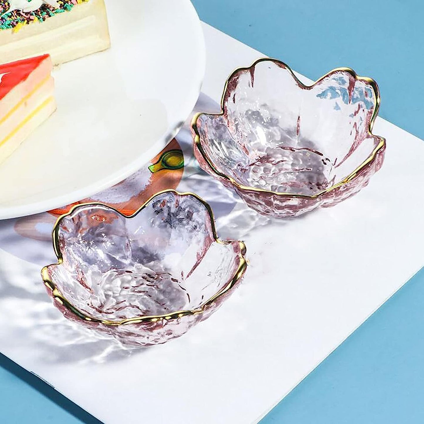 Seasoning bowls with gold rim,6 pcs Pink Cherry Flower Crystal Glass Appetizer Plates dipping bowls Small Glass Dish 3.26*1.42 inch ,6.2oz pink glass plates mini for charcuterie board (Phnom Penh)