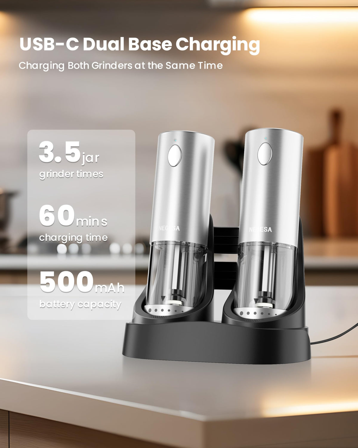 Electric Salt and Pepper Grinder Set with Rechargeable Base - Automatic Refillable Electric Salt and Pepper Shakers with Large Capacity, LED Light & Adjustable Coarseness, Stainless Steel