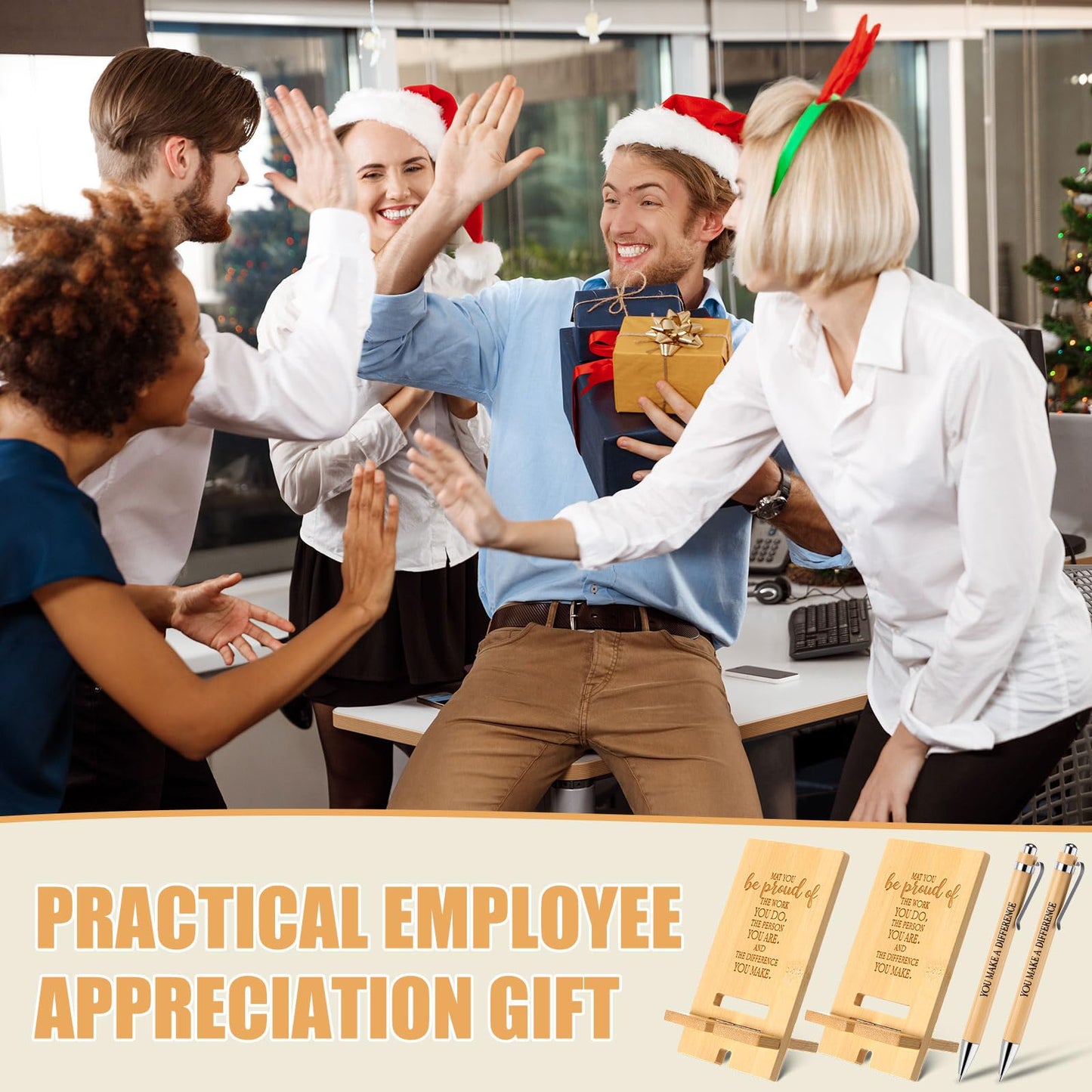 Ripeng 10 Sets Employee Appreciation Gifts Bulk Bamboo Phone Stands with Ballpoint Pens for Desk Office Workers Thank You Gift for Team Coworkers Staff Volunteer Teacher Colleagues (Proud)