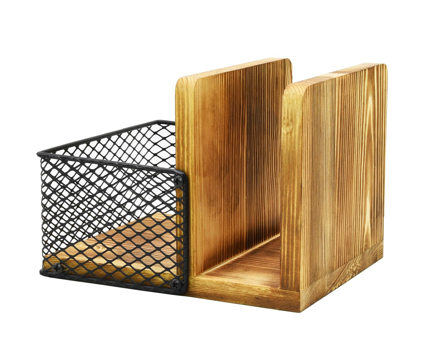 Rustic Burnt Wood Napkin Holder with Black Metal Mesh Spice Rack – 2-in-1 Farmhouse Style Napkin and Condiment Organizer for Kitchen or Restaurant, 5.5” x 6.5” x 5”