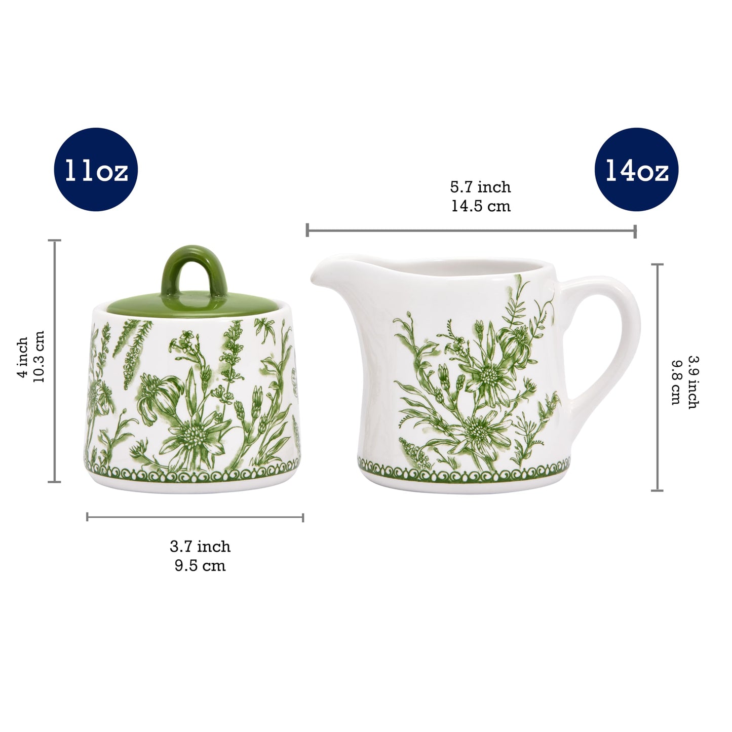 Bico Green Garden Toile De Jouy Ceramic Sugar and Creamer Set, Sugar Bowl with Lid, Cute Container for Coffee Bar, Kitchen Countertop Accessories, Microwave and Dishwasher Safe
