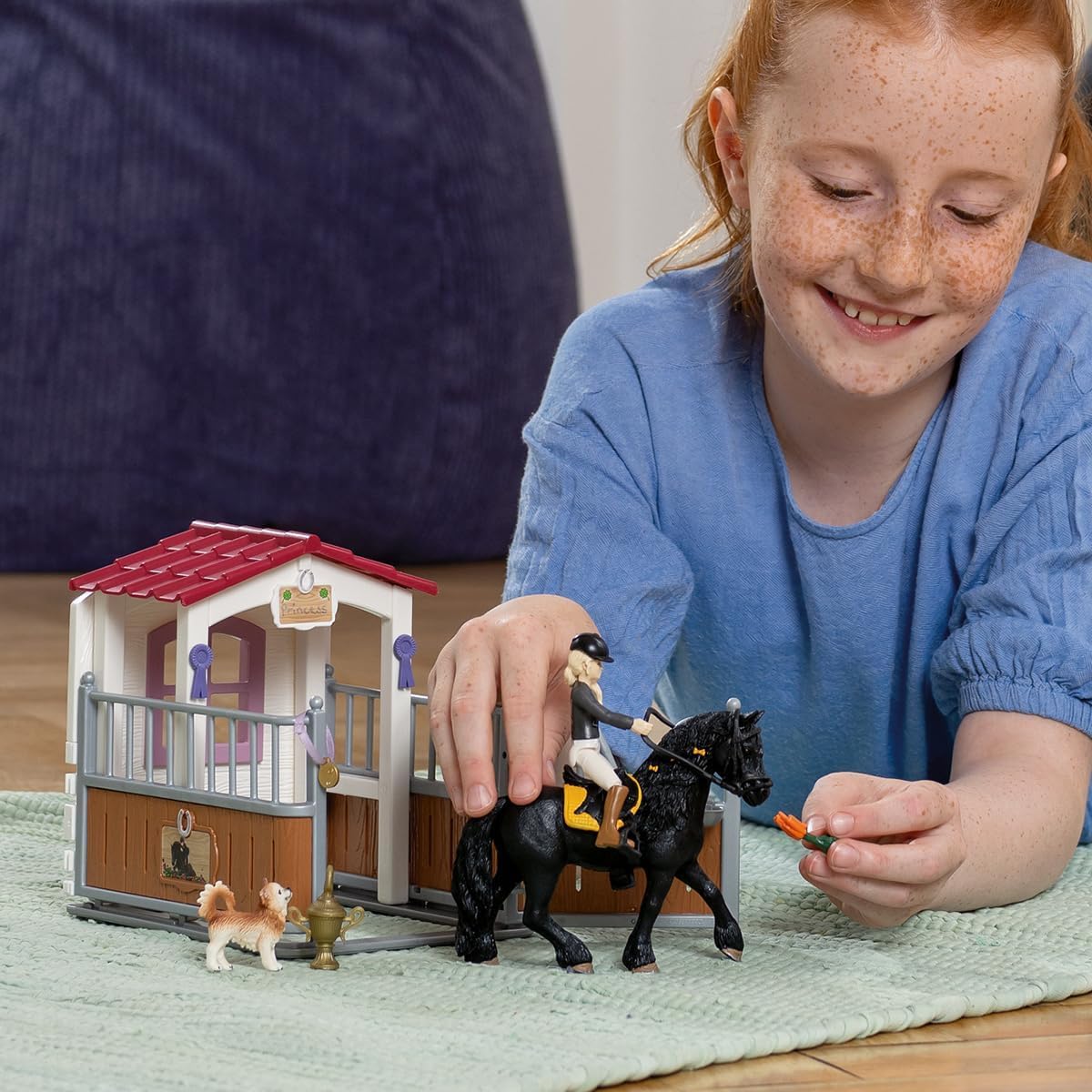 SCHLEICH Horse Club - 26 PC Tori and Princess Horse Toy Stall Playset with Dog Figurine and Accessories - Realistic, Posable Rider Figure and Pony Toys for Girls and Boys - Kids Ages 5+ - 42710