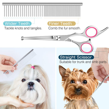 Pawaboo Dog Grooming Scissors Set, 5 Pieces Professional Dog Salon Scissors, Combing Fur Scissors with Round Safety Tip for Pets, Dogs, Cats, Thinning Scissors, Hair Care, Grooming Cutting - Pink