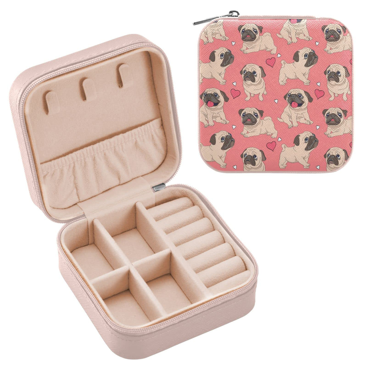 ZZKKO Funny Cartoon Pug Puppy Small Jewelry Box Travel Jewelry Case Leather Jewelry Travel Organizer Mini Portable Storage Boxes for Womens Rings Necklaces Gifts Pink