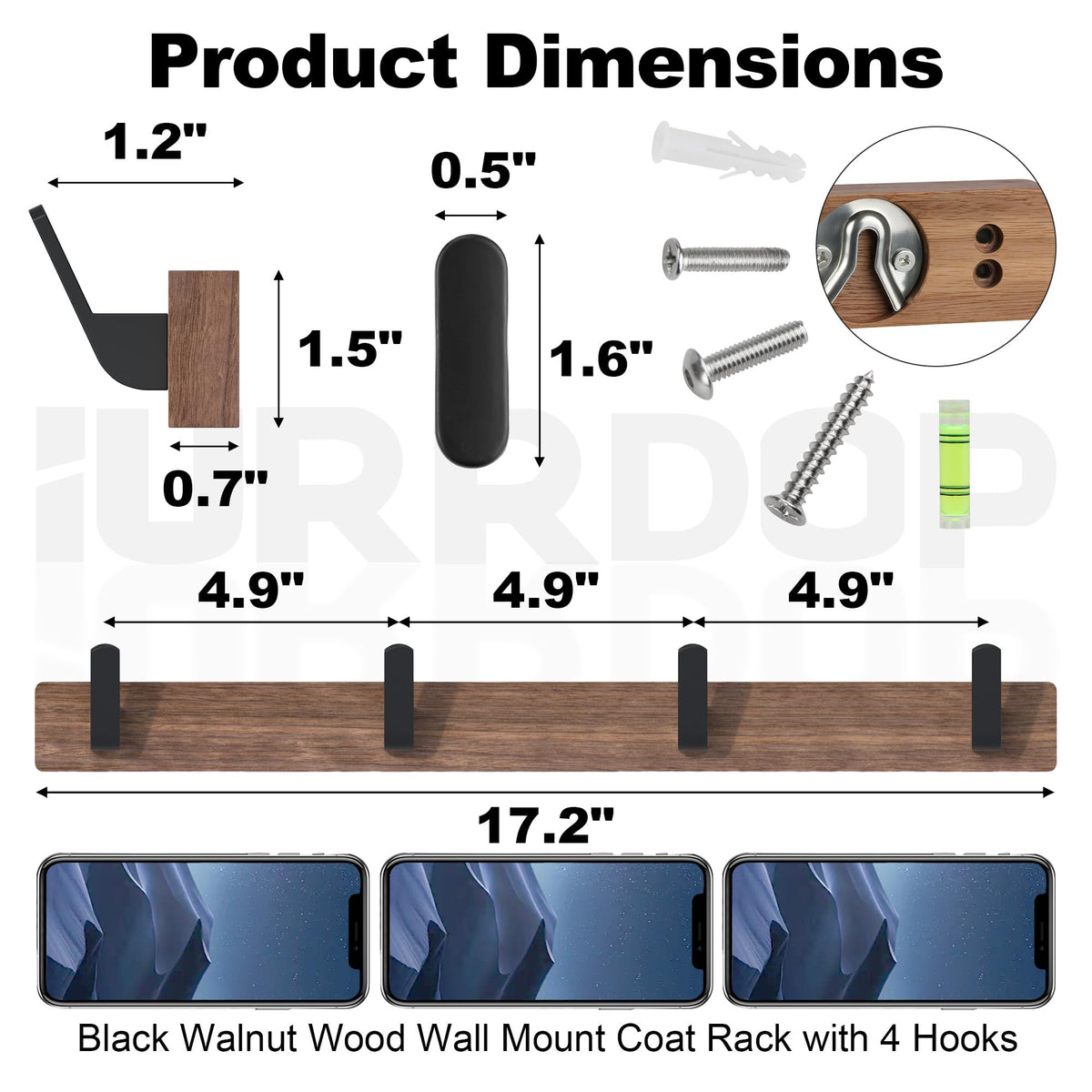 IURRDOP 17 Inch Walnut Wood Wall Mounted Coat Rack with 4 Black Hooks, Adhesive Mounted Entryway Hooks, Modern Natural Wooden Pegs for Hanging Coat Clothes Hat Bag Purse Key and Towel