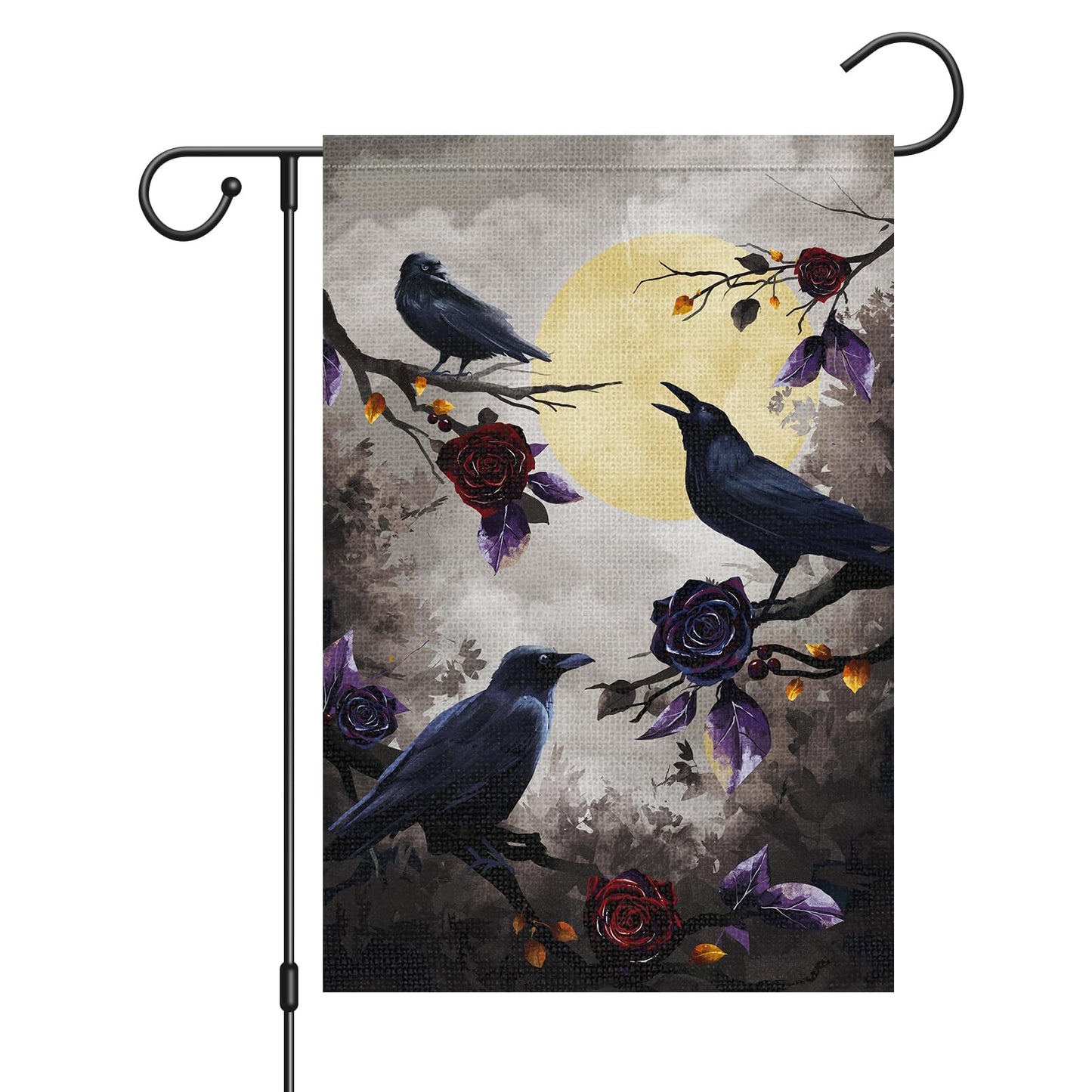Louise Maelys Halloween Crow Garden Flag 12x18 Double Sided, Burlap Small Welcome Boo Halloween Floral House Flags Seasonal Holiday Outdoor Outside Decor (ONLY FLAG)