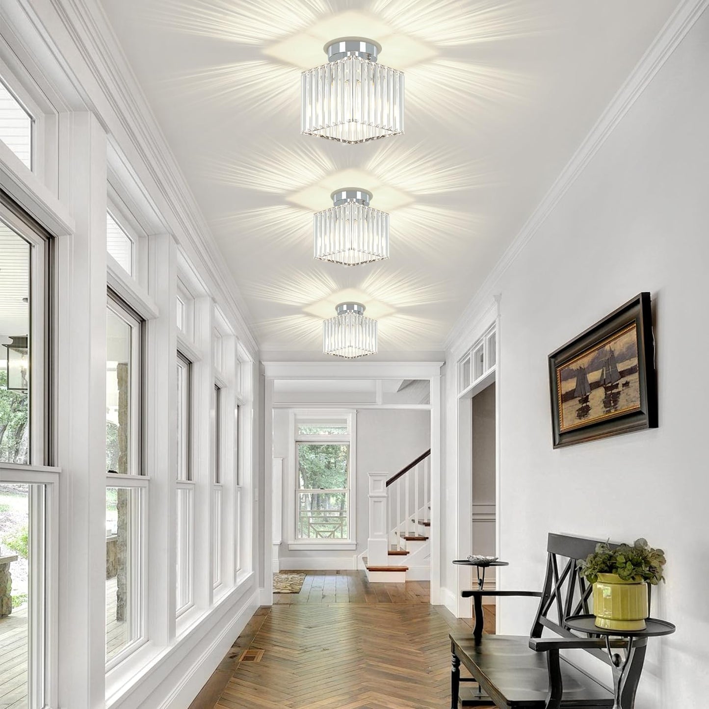 GZBEINI 2-Pack Modern Crystal Semi Flush Mount Ceiling Light, Mini Square Chrome Hallway Light Fixtures Close to Ceiling Lights for Entryway Bathroom Bedroom Kitchen Dining Room Laundry, 7.24Inch