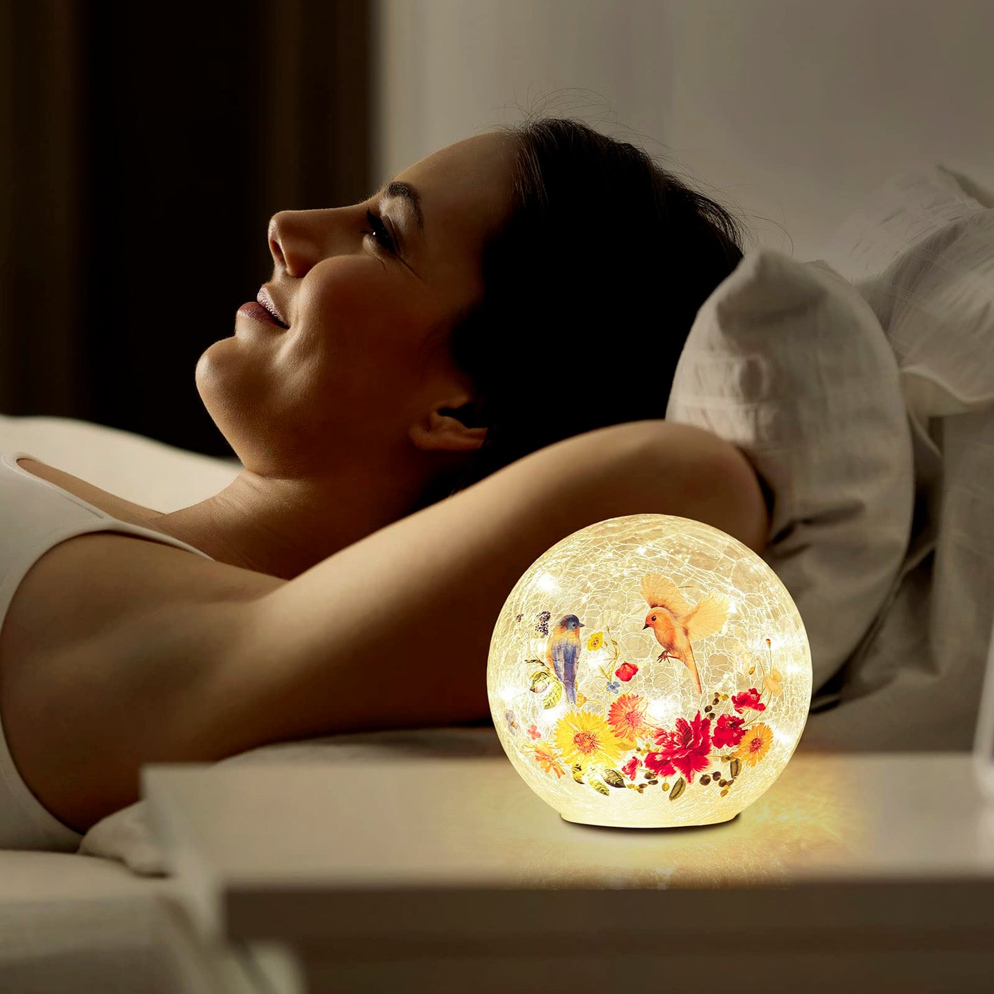 BERSCAH Glass Ball Light Crackle LED Night Light Flower Birds Grass Pattern Globe Glass Table Lamp, Orb Cardinal Night Light for Outdoor Decorations Pathway Patio Yard Lawn Bedroom - 1 Pack