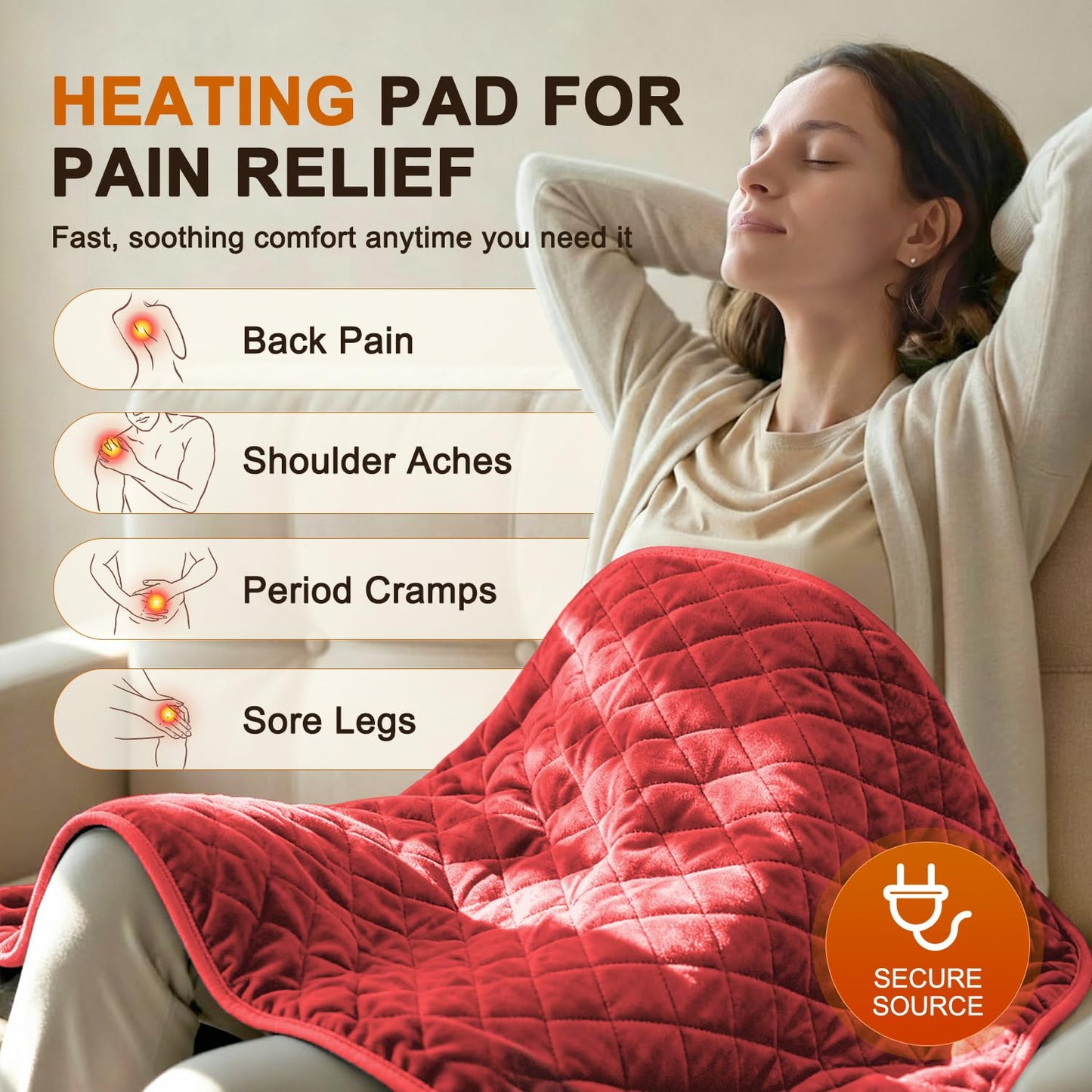 Electric Heating Pad for Period Cramps - 35"x20" XL Large Heated Pads for Back, Neck, Shoulder & Legs Pain Relief, Moist Heat Option, Machine Washable, 6 Heat Settings, Auto Shut Off, Soft Velvet