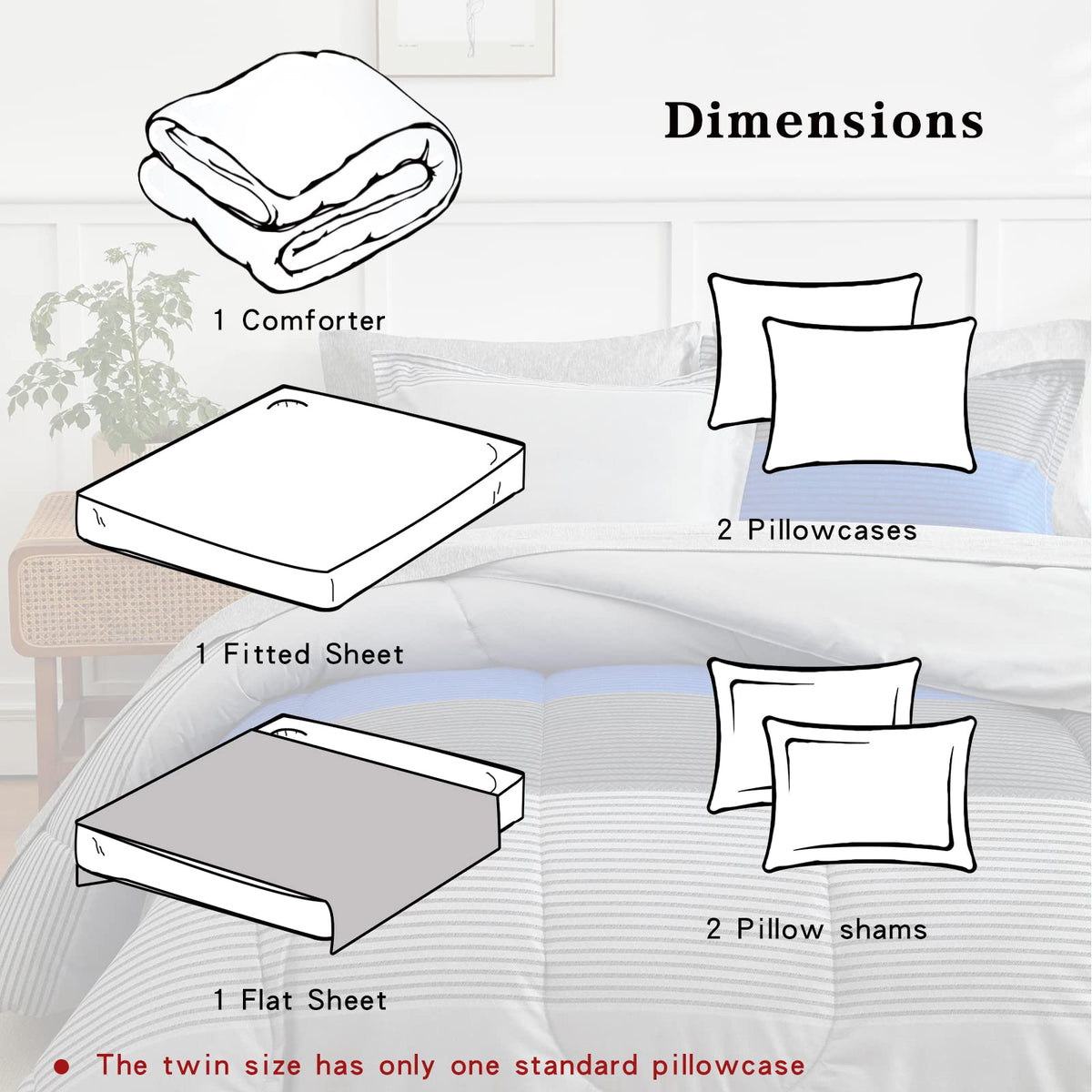 Flysheep Ombre Striped Bed in a Bag 7 Pieces Queen Size, Blue and Grey Stripes Comforter Sheet Set (1 Comforter, 1 Flat Sheet, 1 Fitted Sheet, 2 Pillow Shams, 2 Pillowcases)