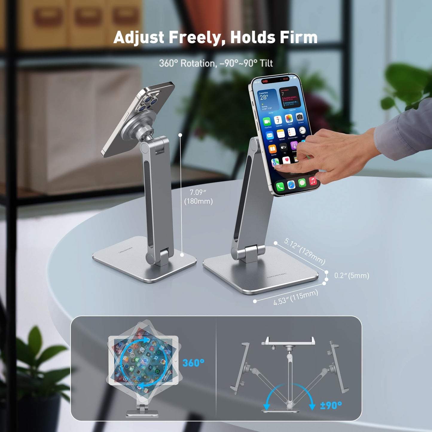 AboveTEK 2-in-1 Phone & iPad Stand, Magnetic iPad Stand with Clamp, Aluminum Tablet Holder for Desk, 360 Rotation, Suction Base, Professional for Office, Fit for Phones & 9.7–13" Tablets, Gift for Him