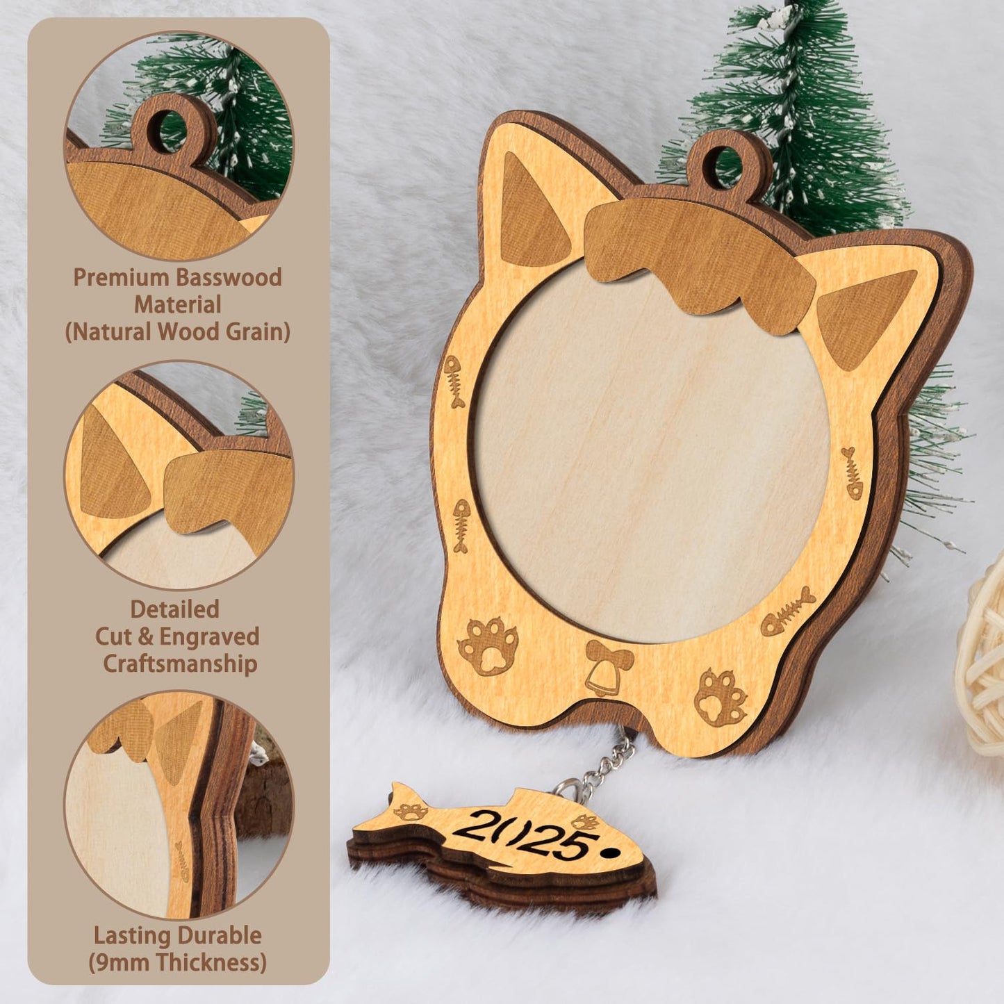 Creawoo Cat Picture Ornament 2025 Christmas Cat Photo Frame, Wooden Christmas Tree Decoration, Meow Xmas Ornament, Personalized Gift Holiday Hanging Pet Keepsake with Fish Dangle