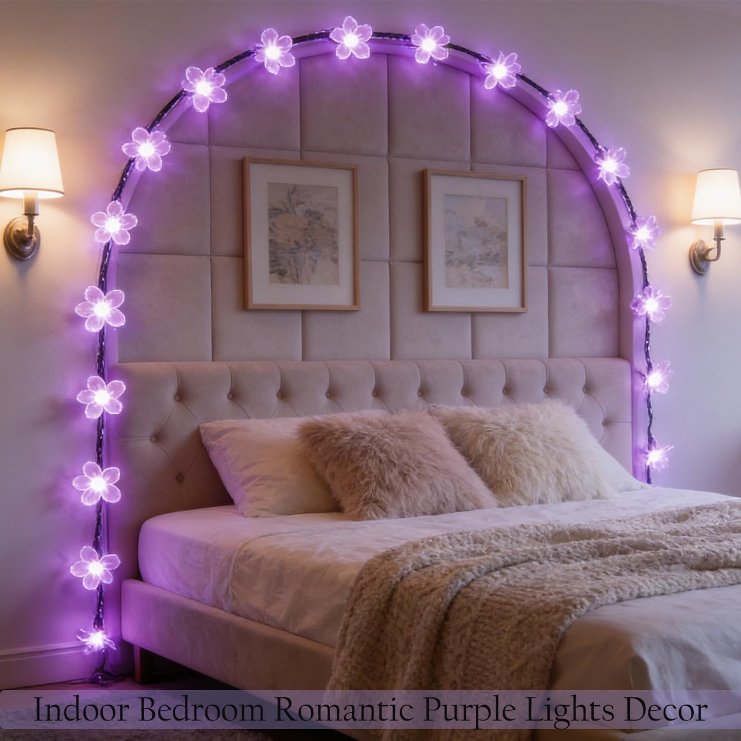 Purple Flower Fairy String Lights on Black Wire, Plug in Connectable 33FT 100 LED Waterproof with 8 Modes for Indoor Outdoor Christmas, Valentine's Day, Wedding Party & Patio Balcony Ambiance