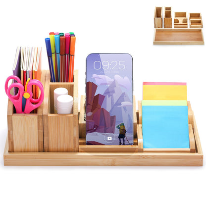 Cididu Bamboo Desk Vanity Tray, 7 Pieces Adjustable Pen Holder Stationery Caddy, Bathroom Vanity Organizer Set, Sturdy Countertop Tray Storage Boxes Office Supplies for Makeup Small Items Home Kitchen
