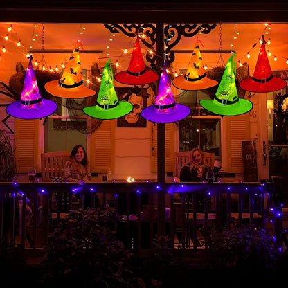 MZD8391 Halloween Decorations Lighted Witch Hats, 8Pcs Hanging Glowing Witch Hats 44ft Halloween Outdoor Lights String with 8 Lighting Modes for Outdoor, Garden, Yard, Tree