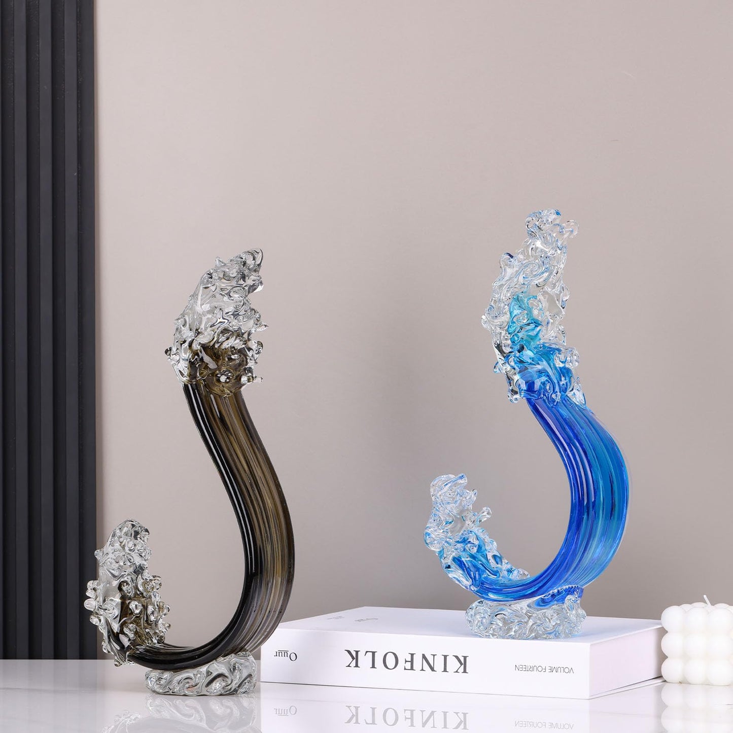 LCCCK Blue Glass Beach House Decor, Hand Blown Ocean Wave Decorate, Tall Blue Glass Sculpture Home Decor, Ocean Wave Fused Art Figurines, for Sea Art Beach Coastal Nautical Office Surfers Gifts