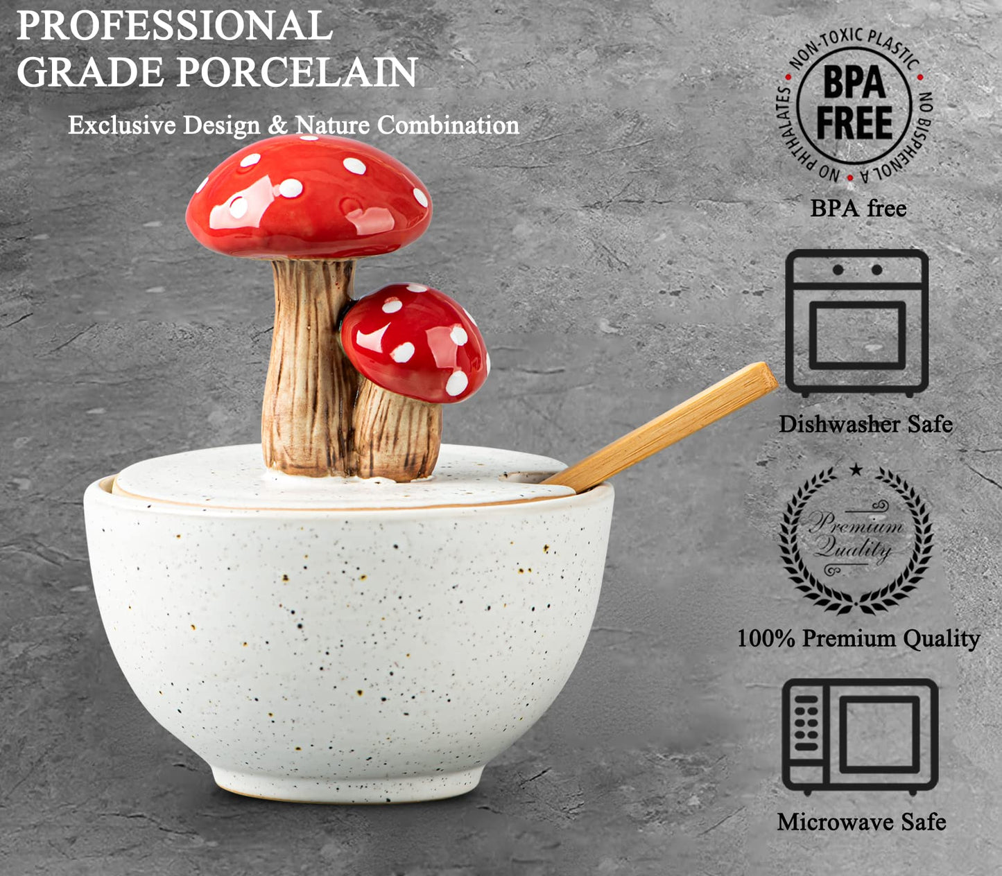 dgudgu Mushroom Salt Cellar With Lid Ceramic Salt Box White Salt Bowl Salt Container With Lid Salt Pig With Bamboo Spoon Salt Holder Salt Well Salt Keeper