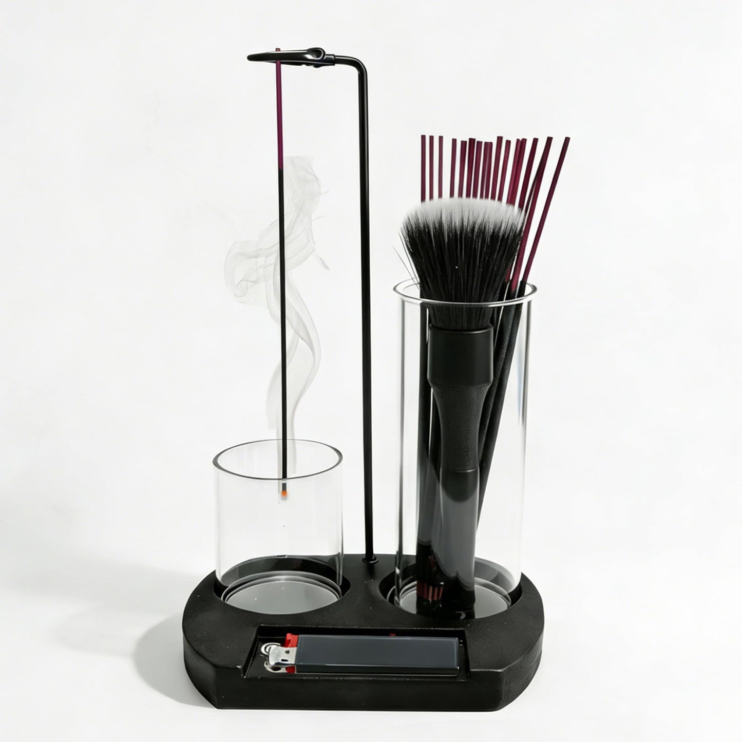 Incense Holder for Sticks 3 in 1 Glass Incense Burner with Lighter Holder and Ash Catcher Upside Down Anti-Ash Stick Holder with Storage Modern Zen Decor for Yoga Meditation Brush [Black]