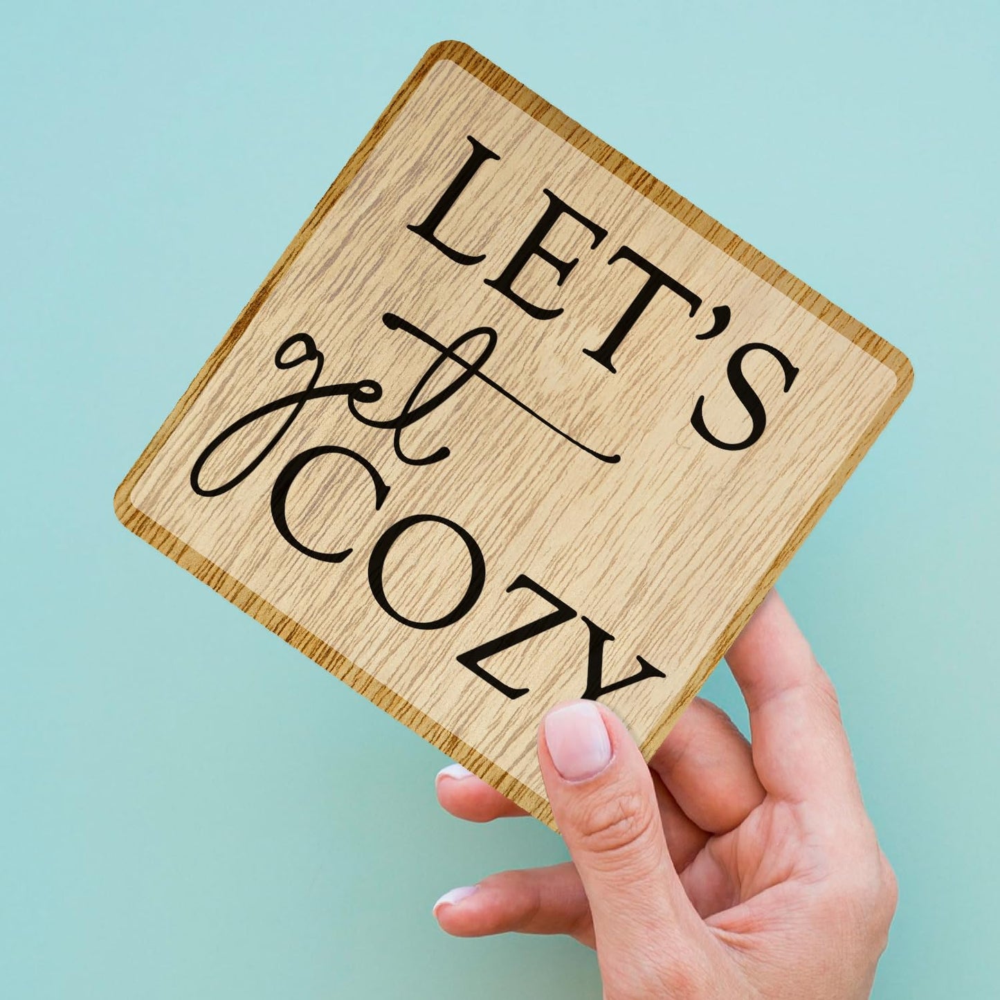 HSIASHENG Best Cozy Wooden Decor 5"X5", Let's Get Cozy Wooden Desk Table Stand Sign Decor for Entertainment Center Living Room, Family Housewarming Stand Sign Gifts for Women Man Couple