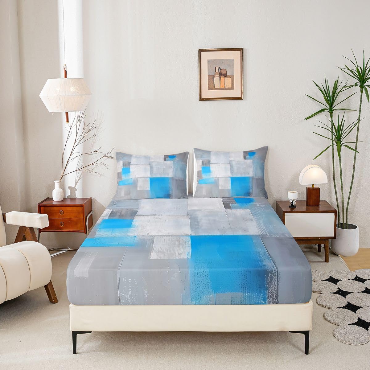 jejeloiu Abstract Fitted Sheet Full Size for Kids Boys Girls Blue Ombre Bed Sheets Set 16" Deep Pocket Soft Breathable Microfiber Modern Art Bedding with 2 Pillowcases Luxury Room Decor