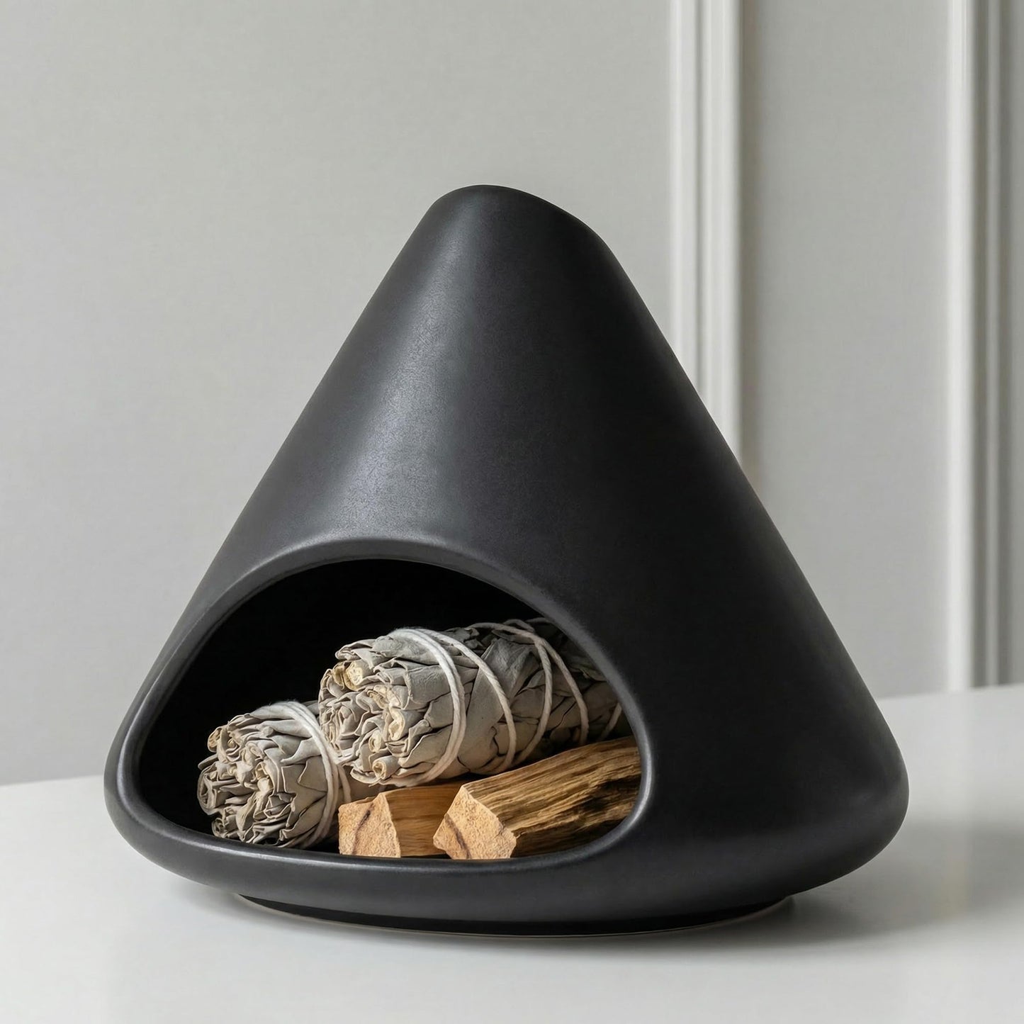 Ceramic Palo Santo Holder Incense Burner, Black Cone Mini Fireplace for Sage Sticks Burner with Chimney Handmade for Cedar,Yoga, Anxiety Relief Meditation for Women