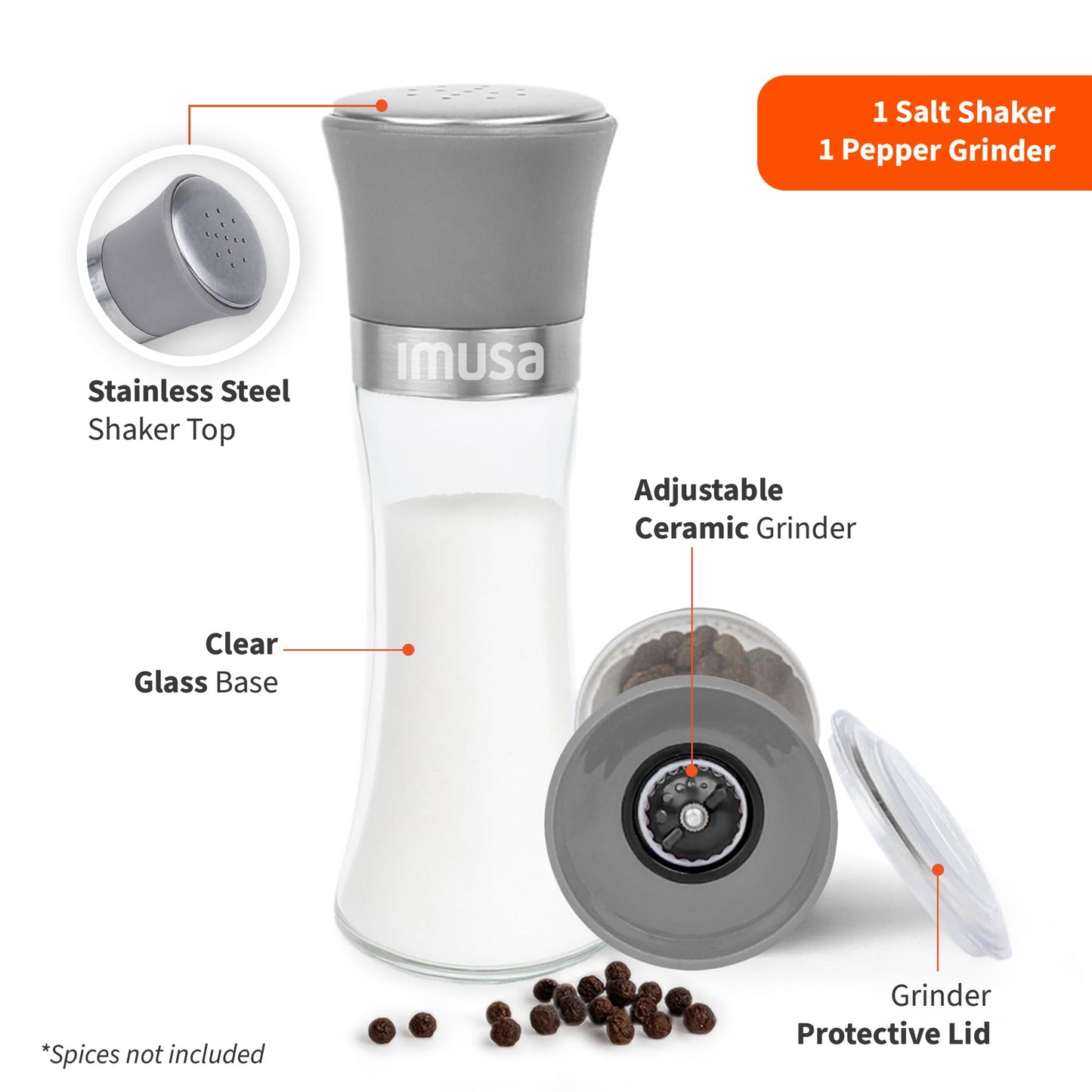 IMUSA Salt Shaker and Pepper Grinder Set – 2 Pack Glass Salt Shaker and Pepper Mill Set, Manual Adjustable Ceramic Core Pepper Grinder, 6 oz Capacity, Refillable Salt and Pepper Set for Kitchen