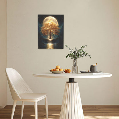 Golden Tree Wall Art Fantasy Tree with Moon and Waterfall Canvas Wall Decor Pictures Paintings Prints Mystical Nature Artwork Framed De corations For Meditation Space Bathroom Bedroom Living Room Office Gifts 12" x 16"