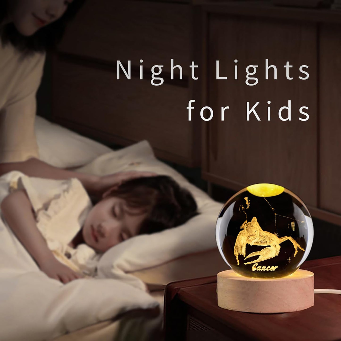 QIANCHANG 3D Etched Crystal Ball with LED Light Stand, Twelve Zodiac Cancer Constellation Decor Glass Sphere Lamp, Astrology Birthday Gifts for Women Kids