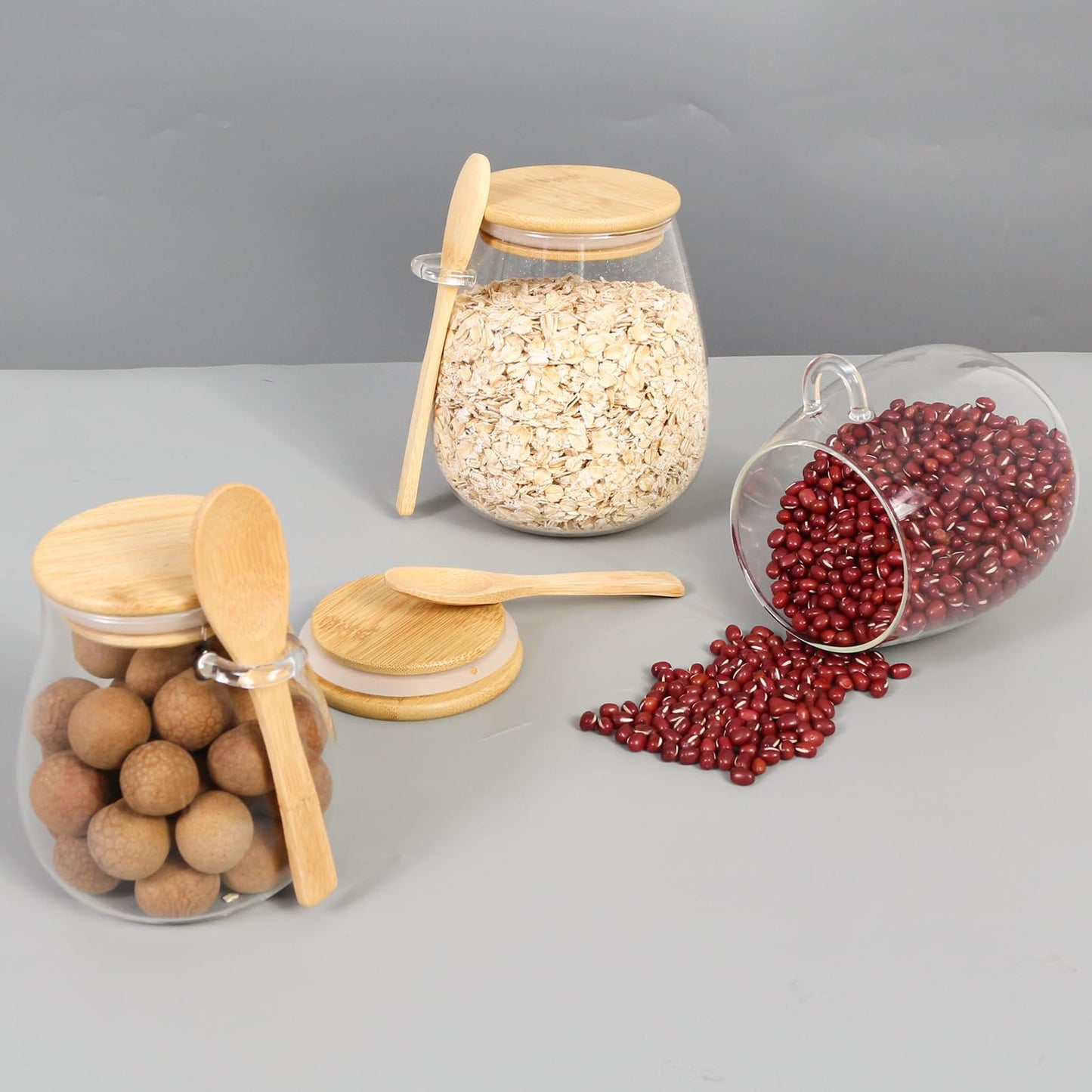 wangsdjy Glass Storage jars with Bamboo Lids and Spoon -16 oz Airtight Storage Containers Glass jar,Wide Mouth,Leak-Proof,Comes Suitable for Coffee Beans, Tea Leaves,Grains, Dried Fruits (Small2PCS)