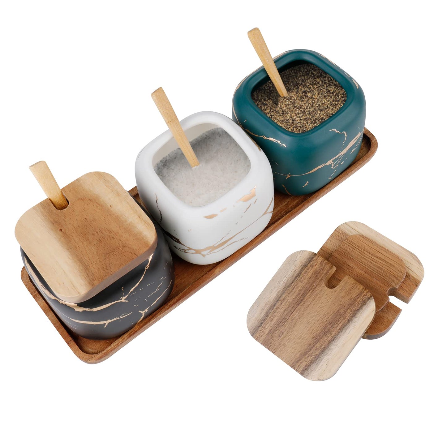 Dicunoy 3 Pack Ceramic Salt and Sugar Container, Condiment Jars with Lids and Spoons, Marble Seasoning Spice Pots Bowl, Pepper Sellar with Wooden Tray for Serving, Counter, Home, Kitchen