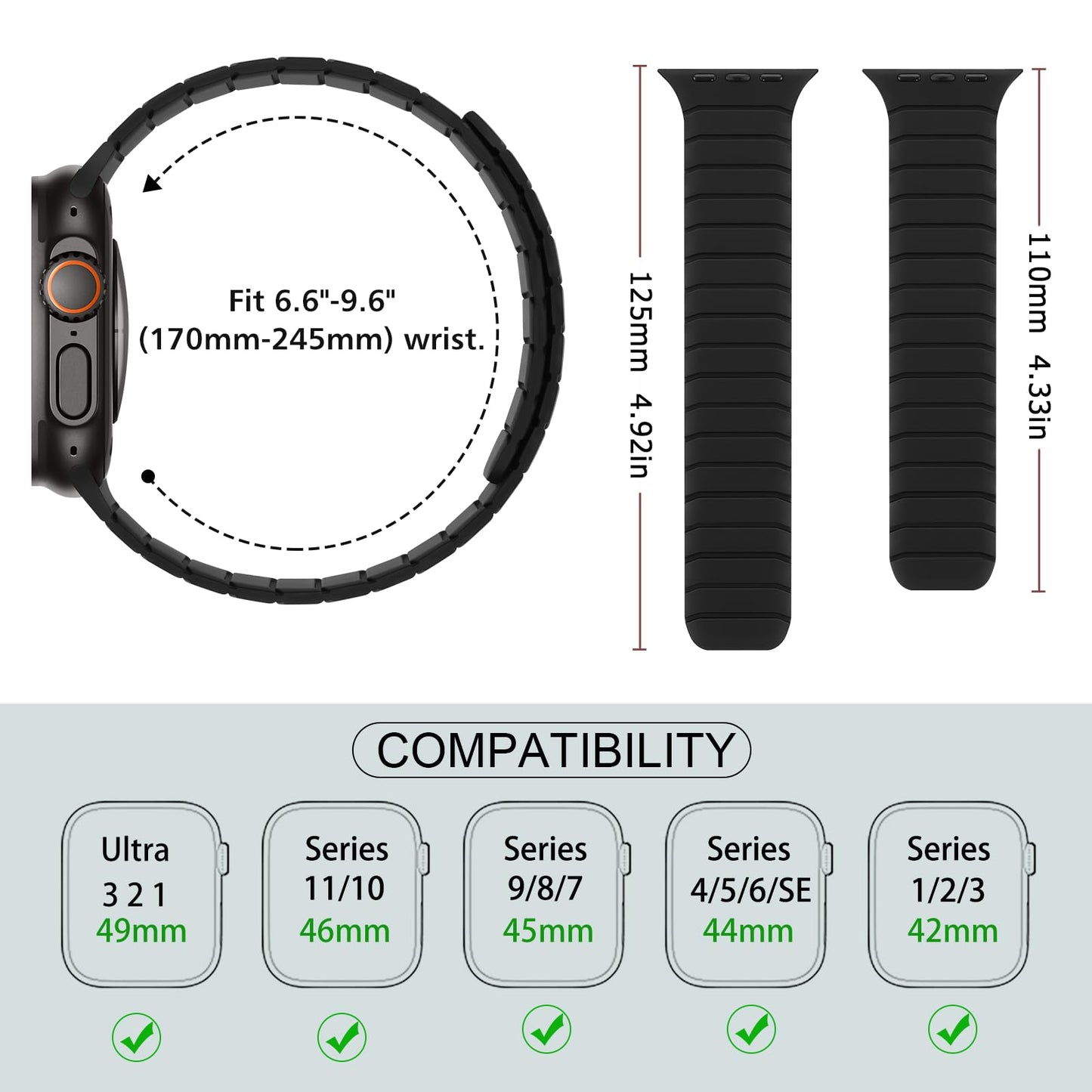 Sixmoat Magnetic Silicone Straps Compatible with Apple Watch 49mm 46mm 45mm 44mm 42mm, Soft Sport Wristband for Men Compatible with iWatch Ultra3 2 1 SE Series 11 10 9 8 7 6 5 4 3, Black