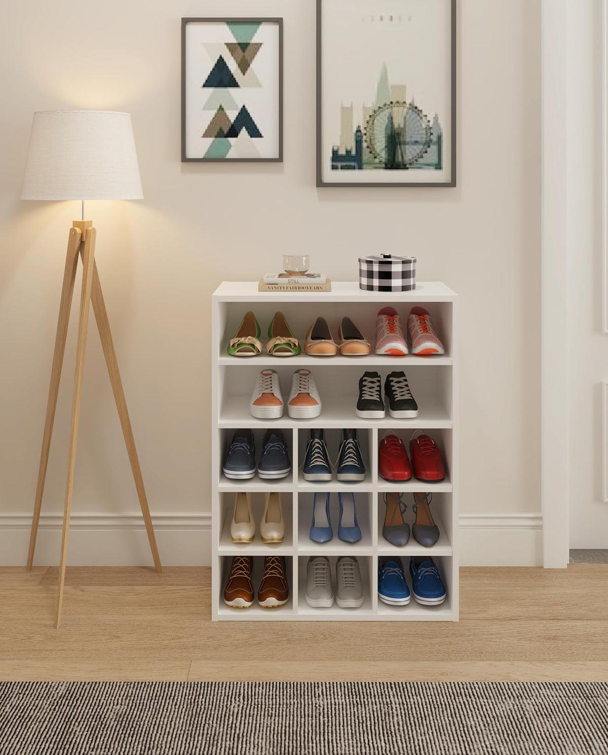 HAIOOU Shoe Cubby, 9-Cube Stackable Wood Shoe Rack Organizer 5-Tier Freestanding Wooden Shoe Stand with 2 Storage Shelf for 10-15 Pairs, Ideal for Apartment, Entryway, Closet Organization - White