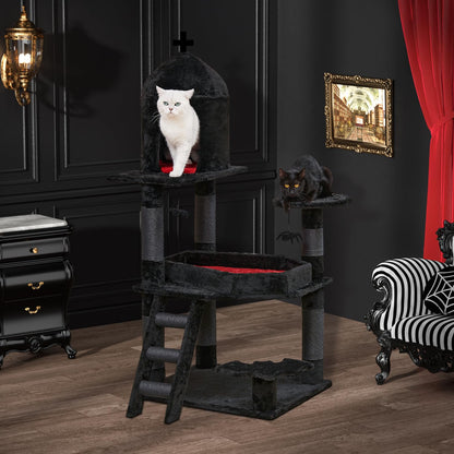 YARUOMY Gothic Cat Tree with Coffin Bed，55" Cat Tower with Spacious Cat Condo，Scratching Posts，Spider Hanging Ball，Multi-Level Cat Activities Furniture for Large Cats, Black Halloween