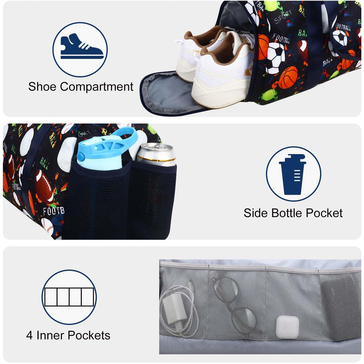 Gym Travel Duffle Bag for Boys - Gymnastics Sports Dance Bag with Shoe Compartment & Wet Pocket Football Kids Travel Bag Teens Weekender Sleepover Carry