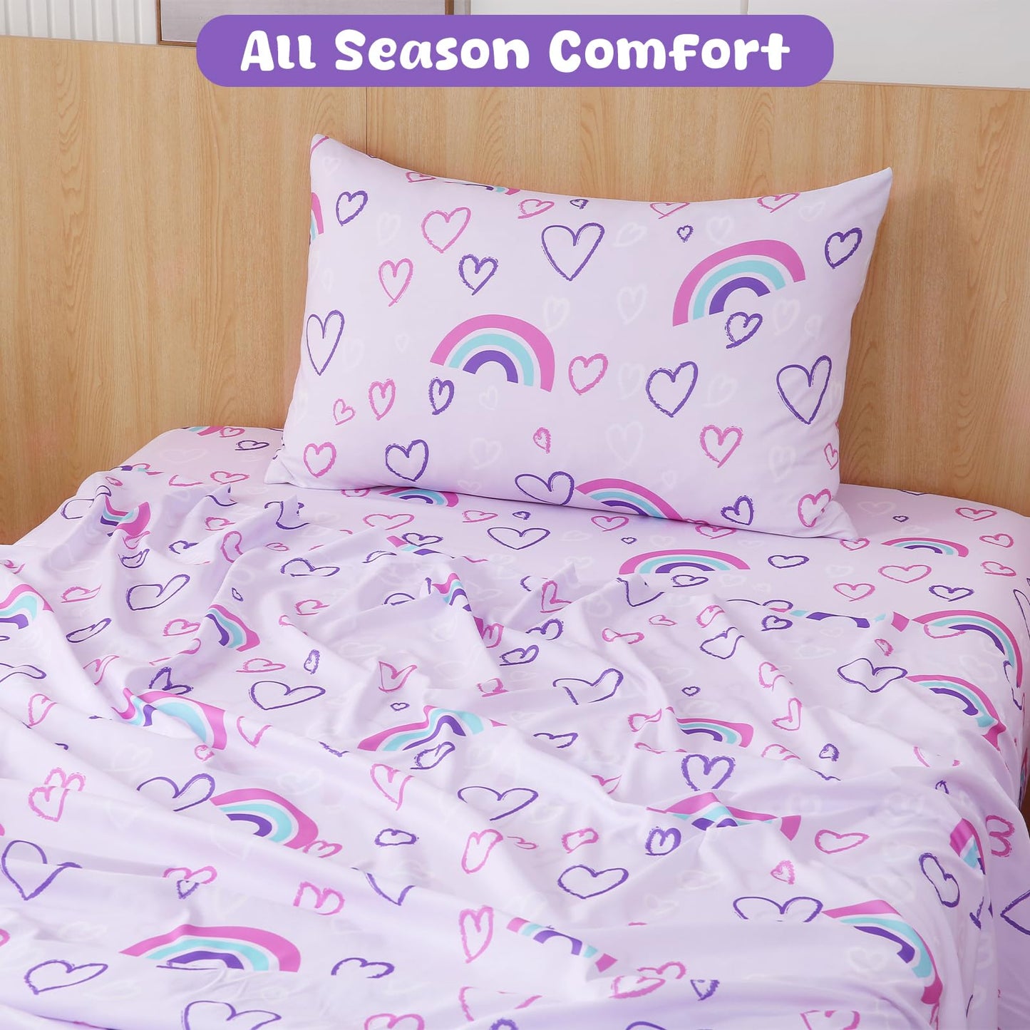 Swiftify Twin Sheet Set Kids, Rainbow Hearts Purple Sheets, 3-Piece Bed Sheet Set for Boys & Girls, Soft Brushed Microfiber Bedding, Deep Pocket, Wrinkle & Fade Resistant