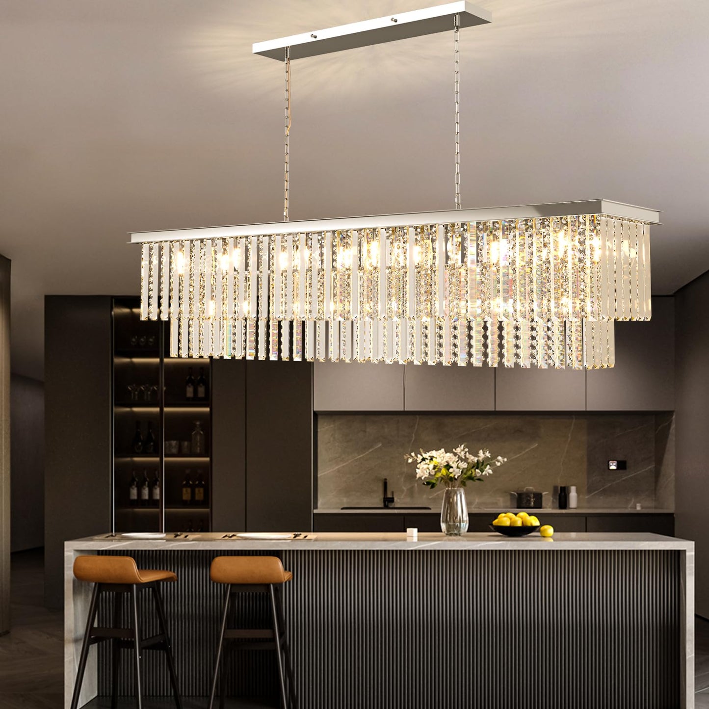 Arotikee Luxury Rectangular Crystal Chandelier for Dining Room, 55" Modern Chrome Linear Chandelier Over Table, Statement Lighting for Kitchen Island & Living Room