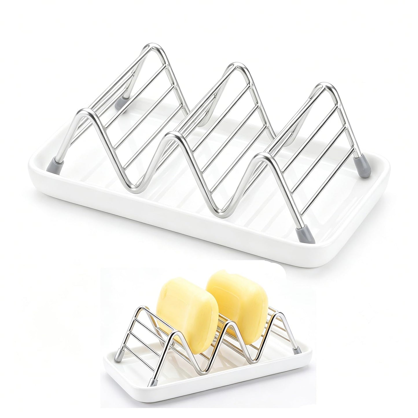 304 Stainless Steel Soap Holder with Ceramic Drain Tray, Rustproof Wire Rack Self-Draining Soap Dish Organizer for Bathroom Shower, Kitchen Sink, Countertop, Sponge Storage (Creamy White)