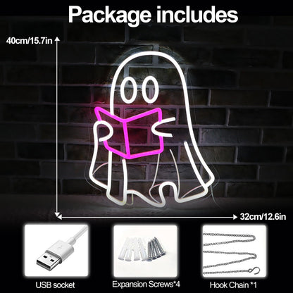 Ghost Reading Book lamp, Reading Ghost Neon Sign Led Reading Room Neon Sign Hanging Reading Book Neon Light For Bedroom Home Library Read Club Kids Room Store Book Lover Gifts(USB Sign)