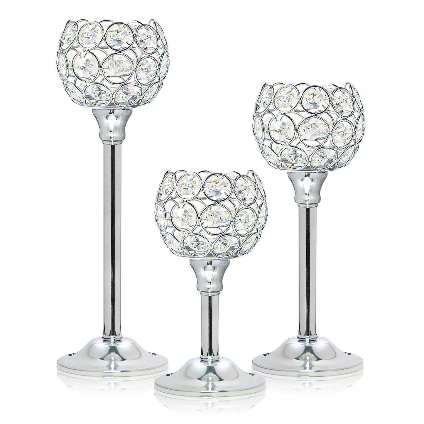 Kehail Set of 3 Silver Crystal Metal Tealight Candlestick, Bling Bowl Candelabras, Tall Votive Candle Holders Elegant Candle Centerpiece for Dining Table Wedding Decor