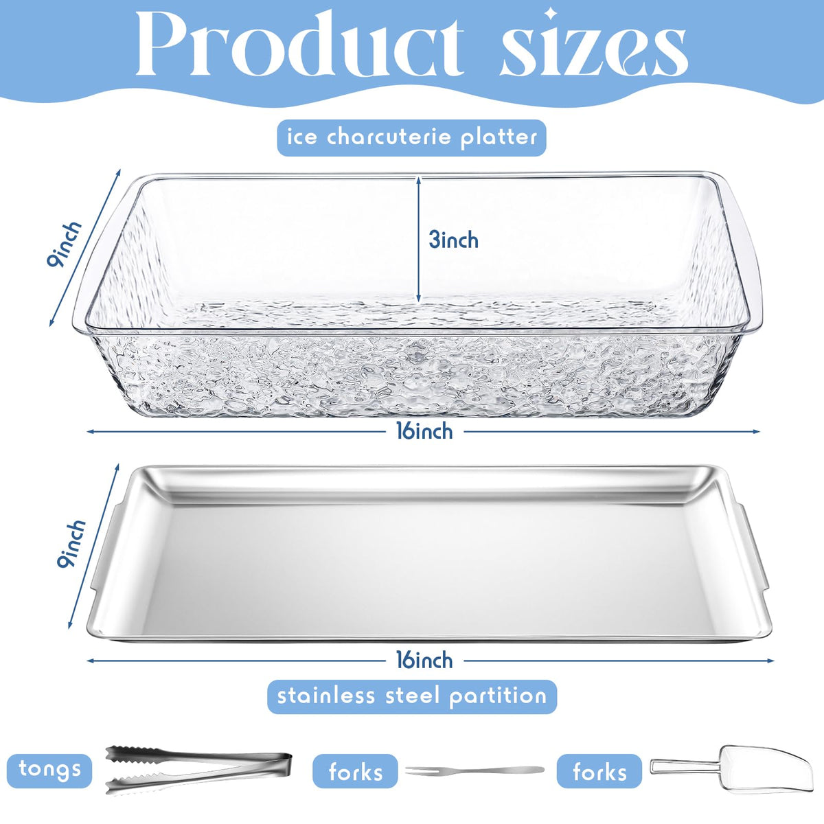 Baderke 1 Set 16" x 9" Chilled Serving Tray for Parties with Compartments and Lid Charcuterie Serving Board Ice Rectangle Chilled Party Platter for Seafood Vegetable Fruit Shrimp Cocktail (Silver)
