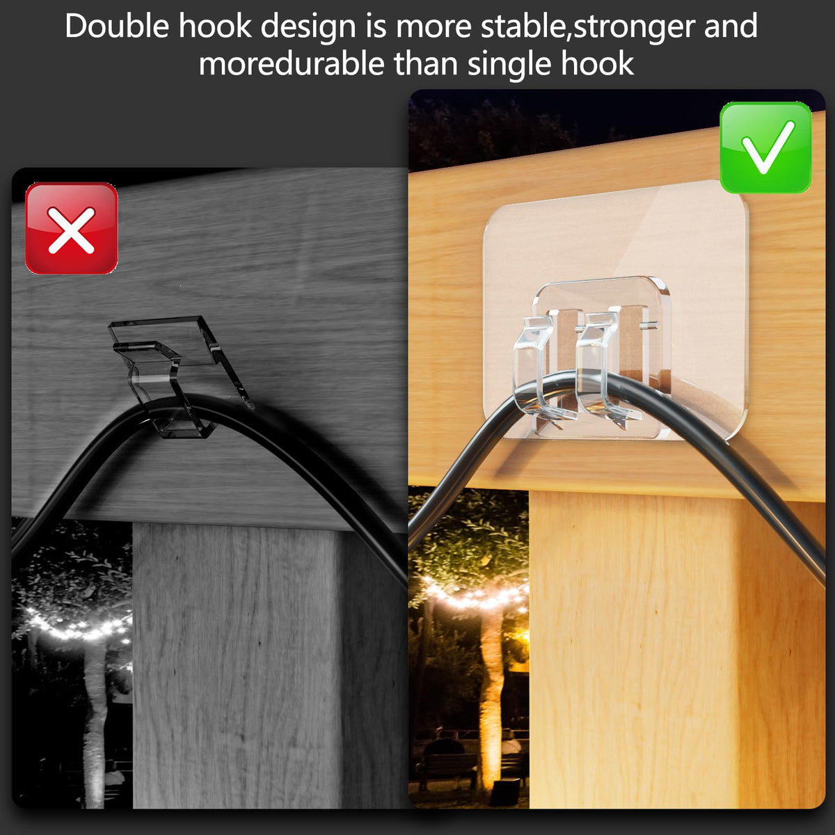 Galetcy Hooks for Outdoor String Lights - 100 Pack with Adhesive Strips - No Damage, No Tools, No Holes, Waterproof and UV-Resistant, Perfect for Christmas and Patio Decor