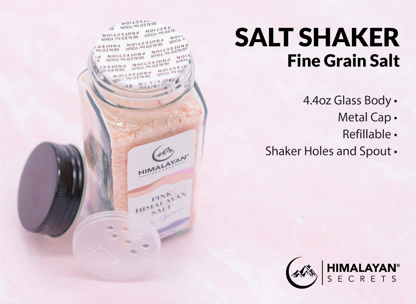 Himalayan Secrets Natural Pink Cooking Salt in Refillable French Glass Shaker - Fine, Unrefined, Mineral Rich, Bold Flavor, No Additives, Kosher Certified (4.4 oz)