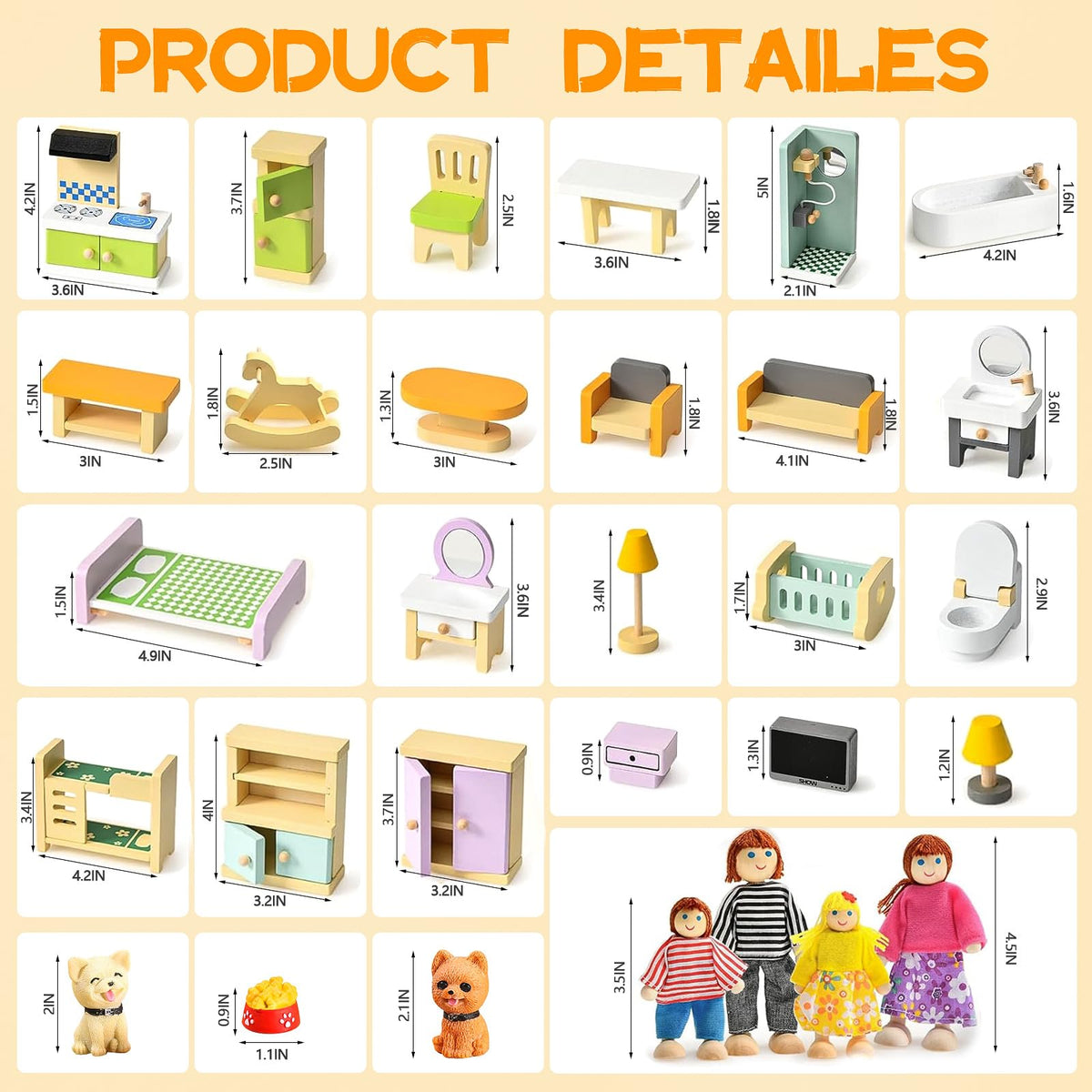 HAPGFS 36PCS Wooden Dollhouse Furniture Set with 4 Flexible Family Dolls - 5 Room Realistic Doll House Accessories for Toddlers 3 4 5 6, Pretend Play Toys Gift for Birthday and Christmas