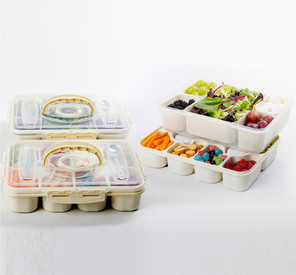Snackle Box Container with Multi Compartments & Rotary Date Dial - Divided Serving Tray with Lid & Handle -Snack Organizer for Travel, veggies, Nut, fruit, Picnic & party - Dishwasher &Microwave safe