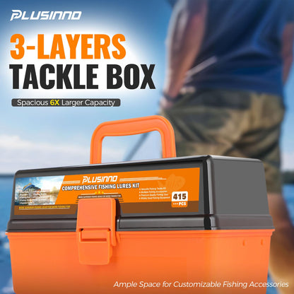 PLUSINNO Large 3 Layers Fishing Tackle Box with Tackle Included, 415Pcs Fishing Lures Kit Contains Pliers, Crankbait, Hooks, Weights & Accessories, Fishing Gear Gifts for Men Starter Kits Bass Trout