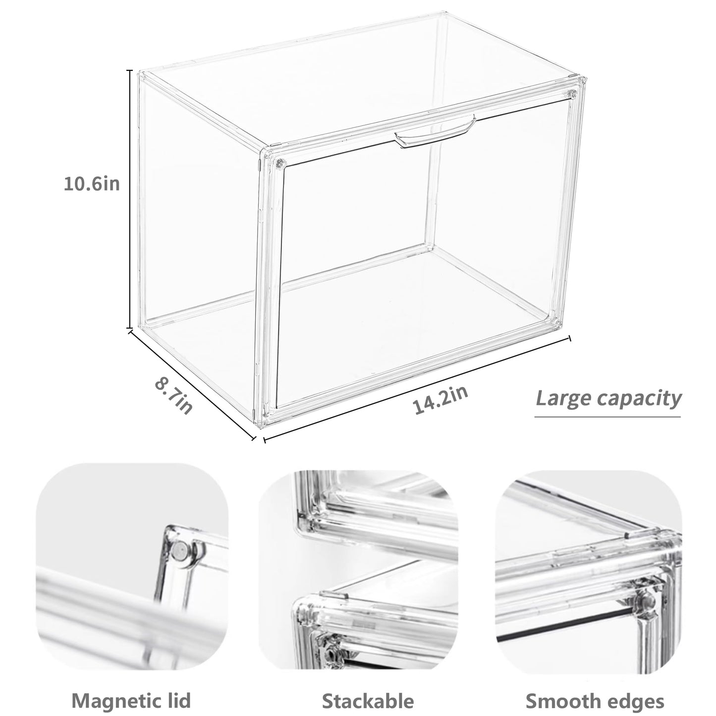 Clear Acrylic Display Case, Stackable Plastic Storage Bins with Magnetic Attraction Lid, Showcase for Cosmetic, Large Figures Collectibles, X-Large