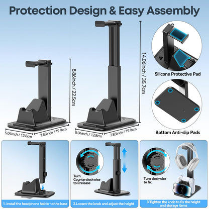 Gaming Headset & Controller Stand, Rotating Headphone Storage with Controller & Phone Holder, Game Desk Storage with Cable Organizer for PS5/PS4/XBOX PC Gamer Essentials Organizer Gift Accessories