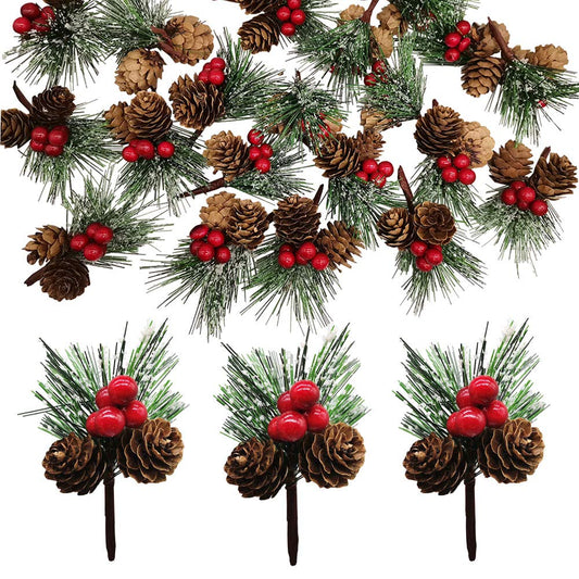 20 PCS Snow Covered Pine Needles Branches with Red Berry Stems Mini Pinecone Picks for Crafts Holiday Wreath Christmas Tree Ornaments Decor by Baryuefull